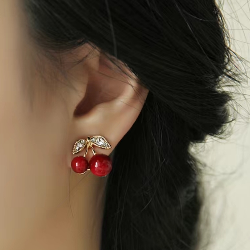 Dark Red Cherry Earrings - Picture 2 of 4